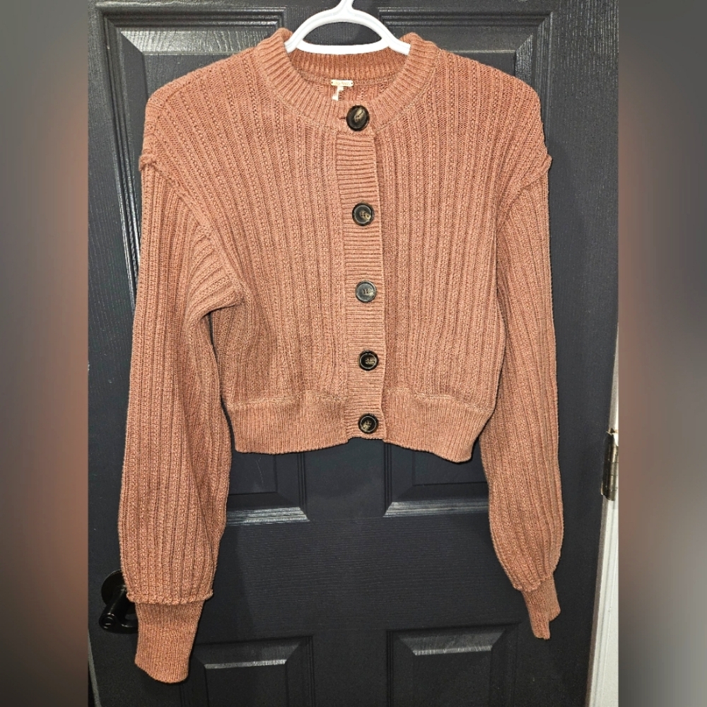 Free Peoplw Cropped Brown Button-Up Sweater